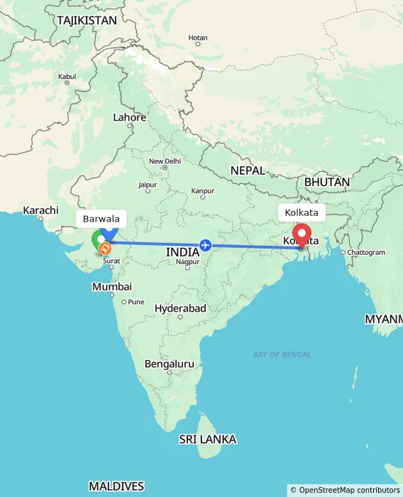 Route map showing distance and travel time from Barwala, India to Kolkata, India