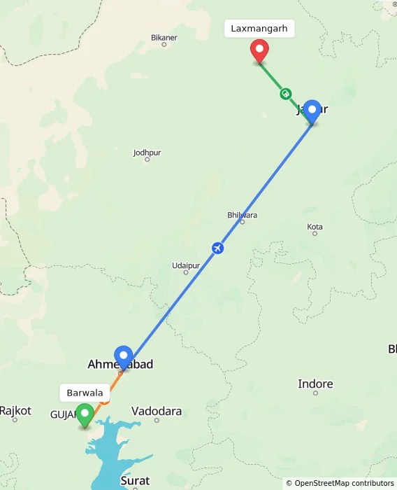 Route map showing distance and travel time from Barwala, India to Laxmangarh, India