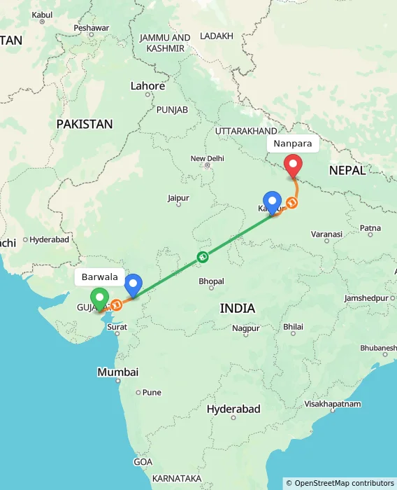 Route map showing distance and travel time from Barwala, India to Nanpara, India