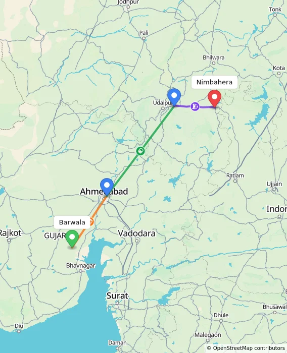 Route map showing distance and travel time from Barwala, India to Nimbahera, India