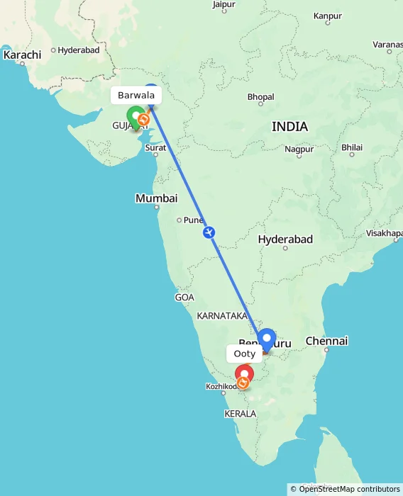 Route map showing distance and travel time from Barwala, India to Ooty, India