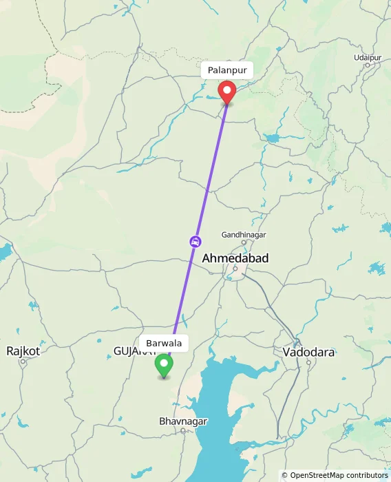 Route map showing distance and travel time from Barwala, India to Palanpur, India