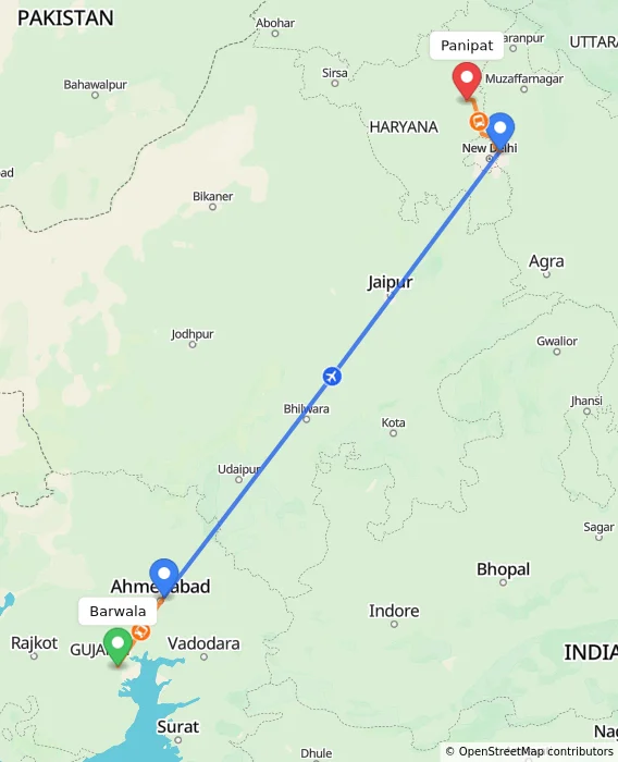 Route map showing distance and travel time from Barwala, India to Panipat, India