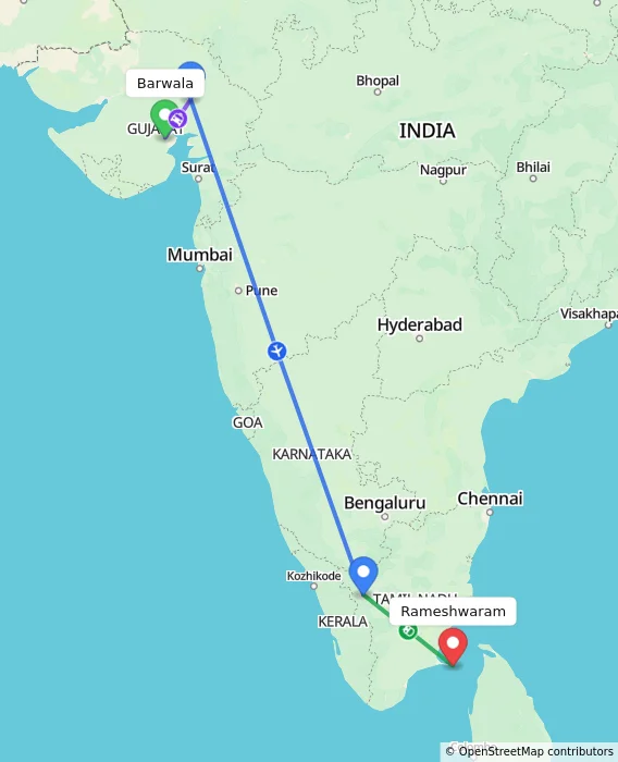 Route map showing distance and travel time from Barwala, India to Rameshwaram, India