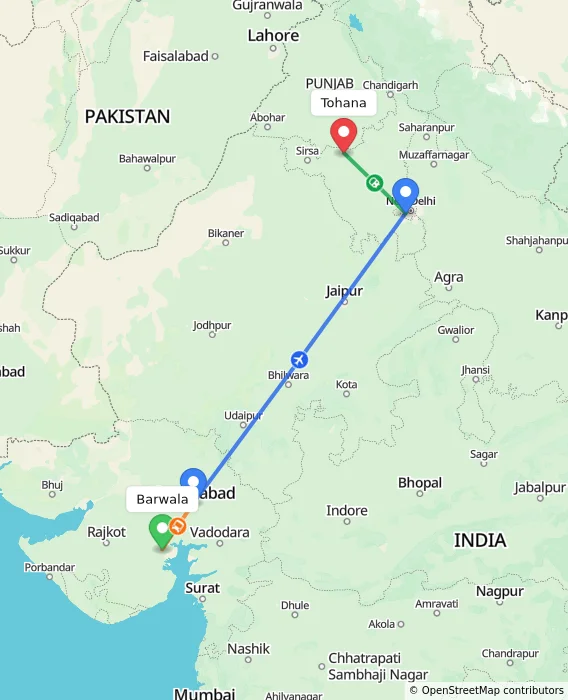 Route map showing distance and travel time from Barwala, India to Tohana, India