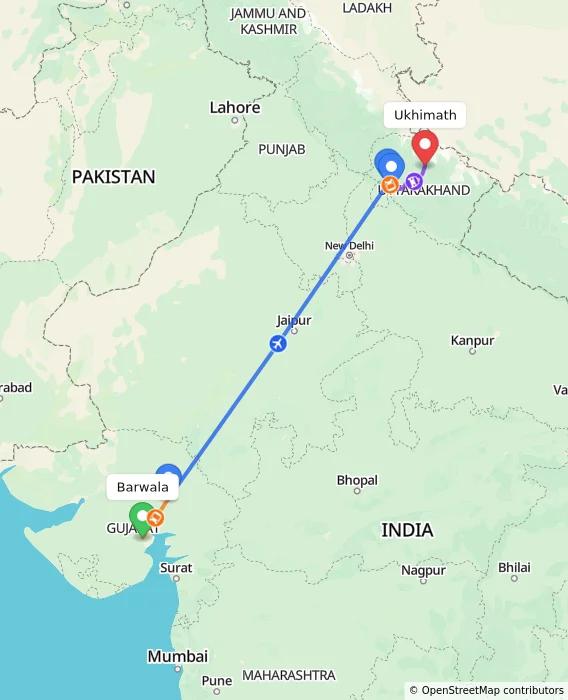 Route map showing distance and travel time from Barwala, India to Ukhimath, India