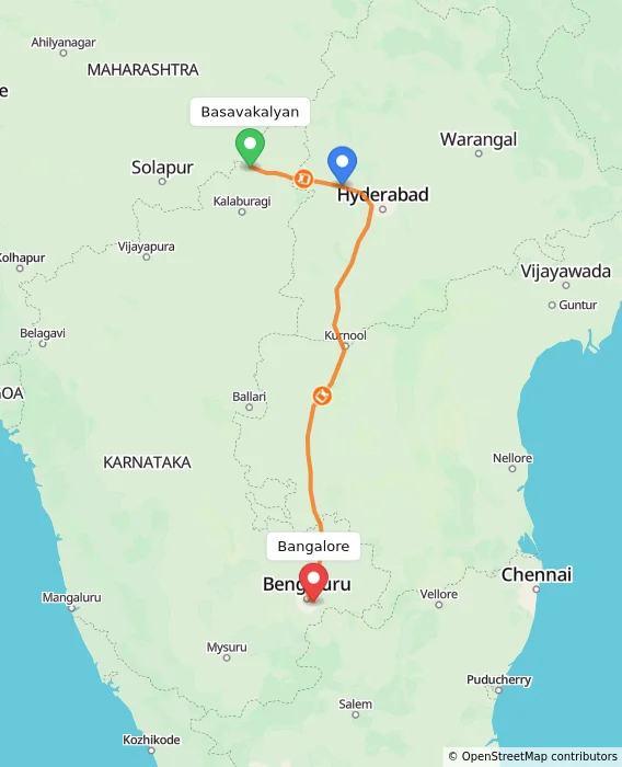 Route map showing distance and travel time from Basavakalyan, India to Bangalore, India