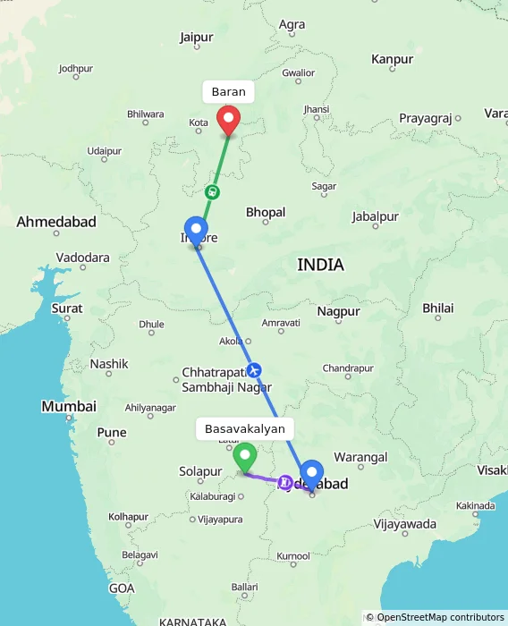Route map showing distance and travel time from Basavakalyan, India to Baran, India