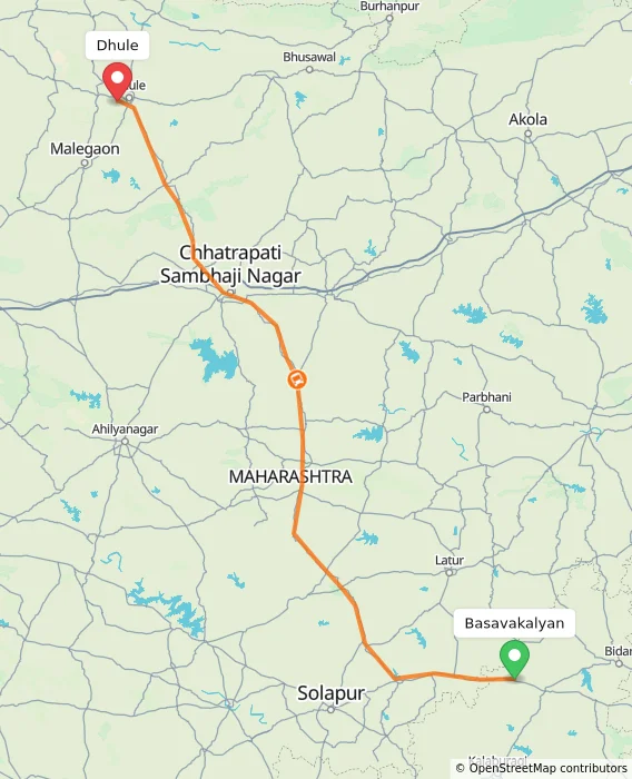 Route map showing distance and travel time from Basavakalyan, India to Dhule, India