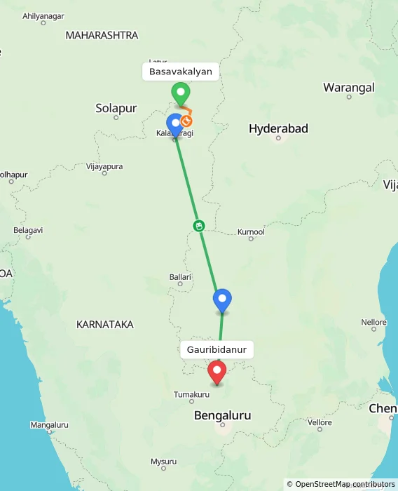 Route map showing distance and travel time from Basavakalyan, India to Gauribidanur, India