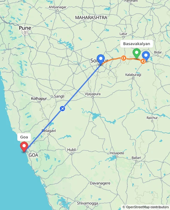 Route map showing distance and travel time from Basavakalyan, India to Goa, India