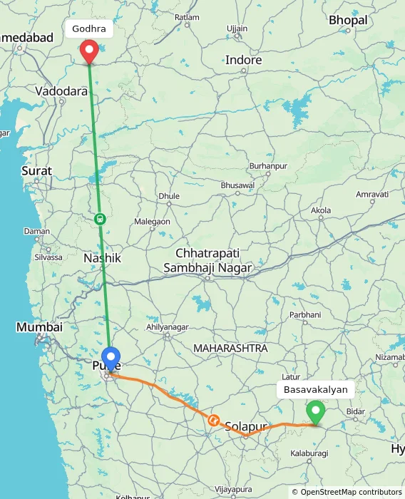 Route map showing distance and travel time from Basavakalyan, India to Godhra, India