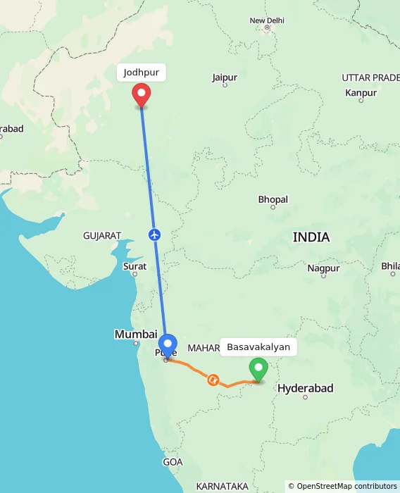 Route map showing distance and travel time from Basavakalyan, India to Jodhpur, India