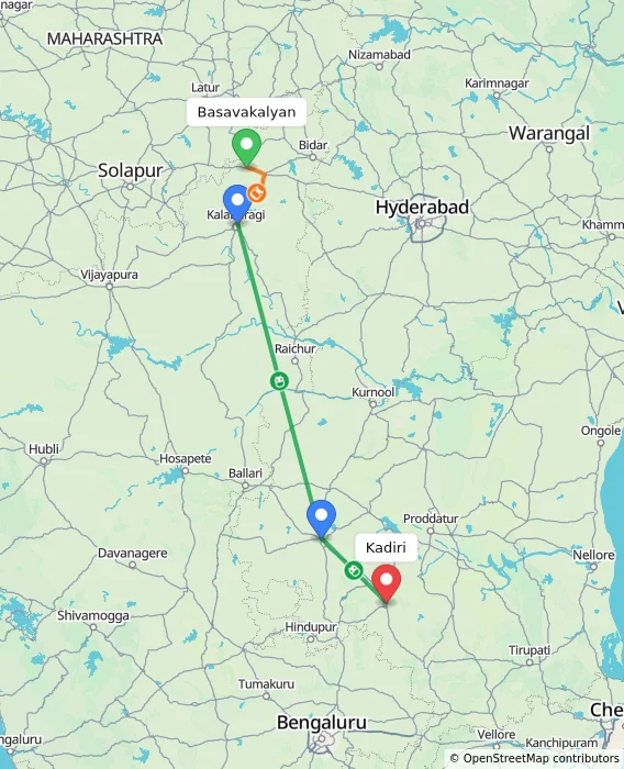 Route map showing distance and travel time from Basavakalyan, India to Kadiri, India