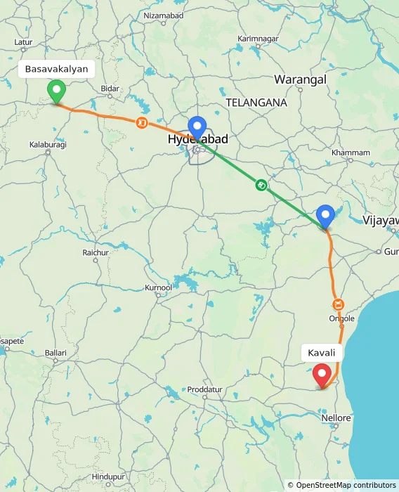 Route map showing distance and travel time from Basavakalyan, India to Kavali, India