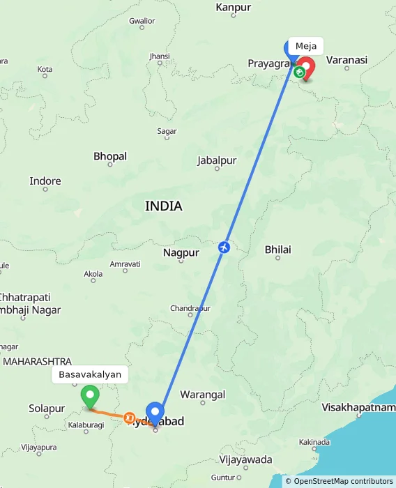 Route map showing distance and travel time from Basavakalyan, India to Meja, India