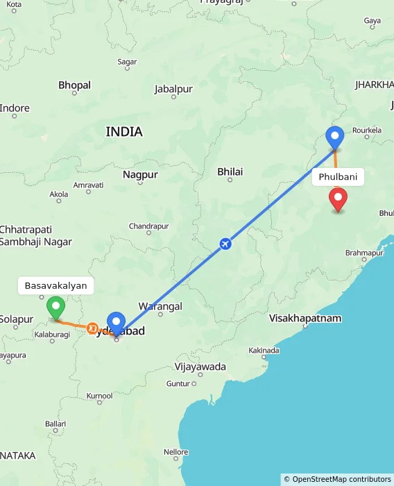 Route map showing distance and travel time from Basavakalyan, India to Phulbani, India