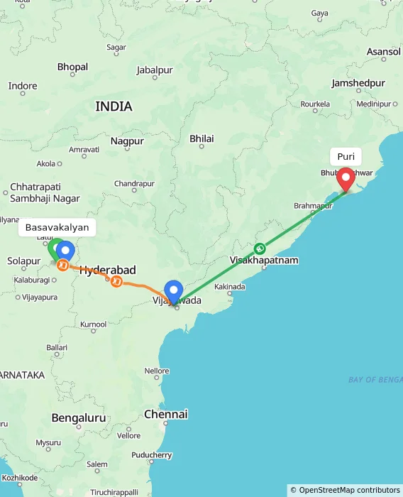 Route map showing distance and travel time from Basavakalyan, India to Puri, India
