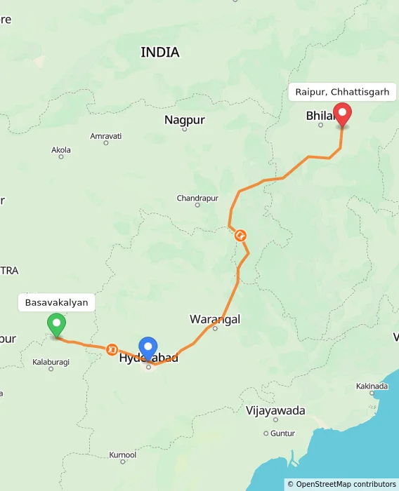 Route map showing distance and travel time from Basavakalyan, India to Raipur, Chhattisgarh, India