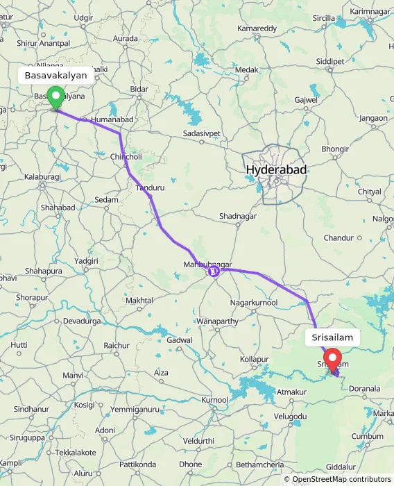 Route map showing distance and travel time from Basavakalyan, India to Srisailam, India