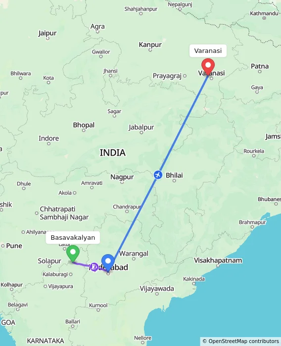 Route map showing distance and travel time from Basavakalyan, India to Varanasi, India