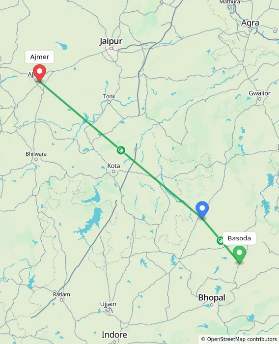 Route map showing distance and travel time from Basoda, India to Ajmer, India