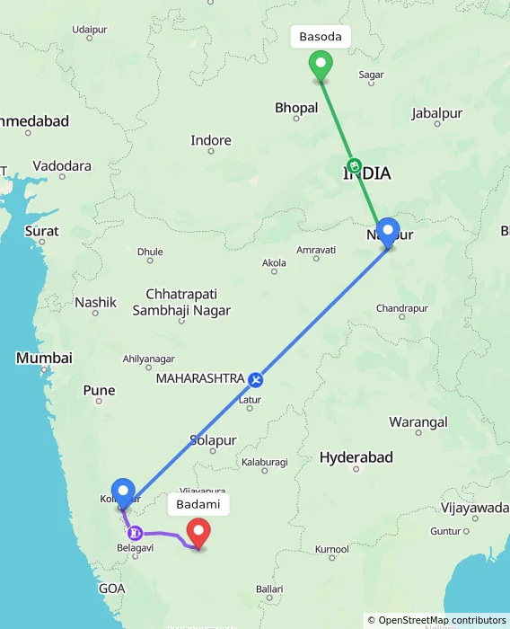 Route map showing distance and travel time from Basoda, India to Badami, India