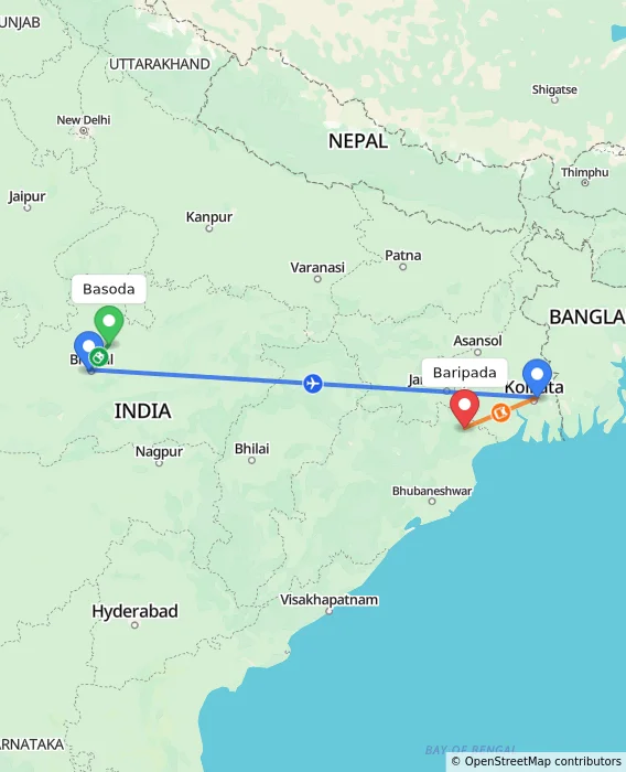 Route map showing distance and travel time from Basoda, India to Baripada, India