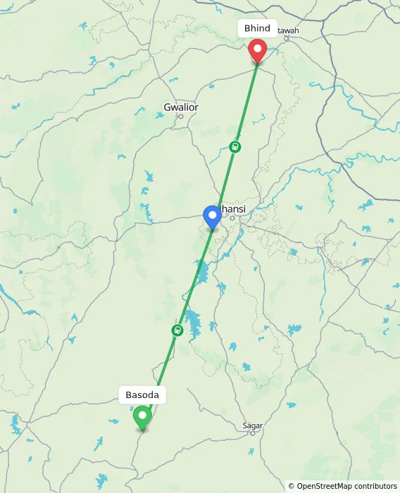 Route map showing distance and travel time from Basoda, India to Bhind, India