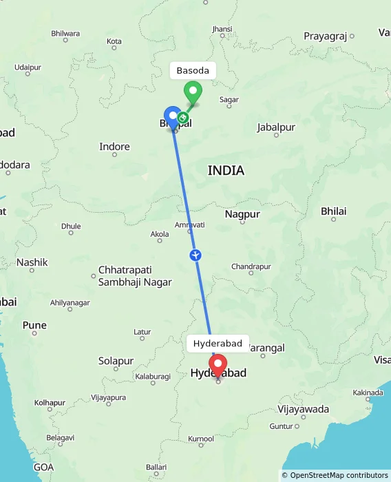 Route map showing distance and travel time from Basoda, India to Hyderabad, India