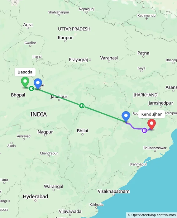 Route map showing distance and travel time from Basoda, India to Kendujhar, India