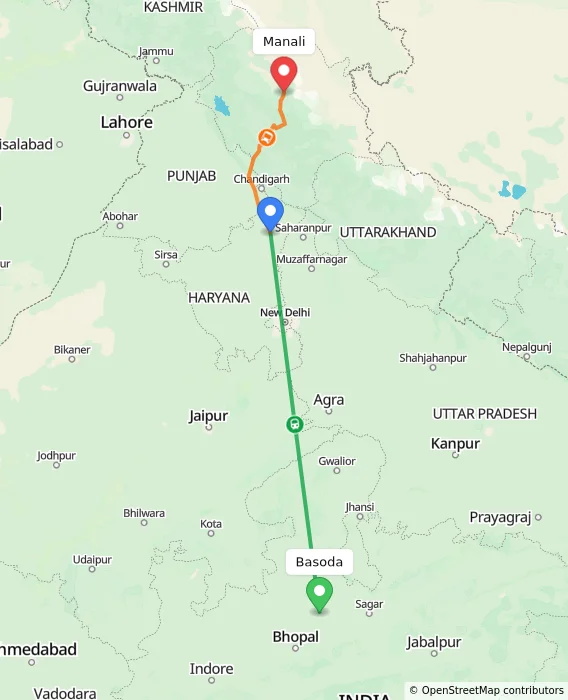 Route map showing distance and travel time from Basoda, India to Manali, India