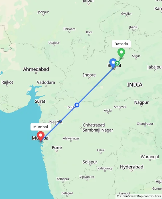 Route map showing distance and travel time from Basoda, India to Mumbai, India