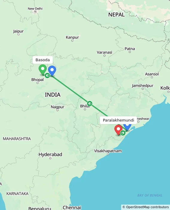 Route map showing distance and travel time from Basoda, India to Paralakhemundi, India