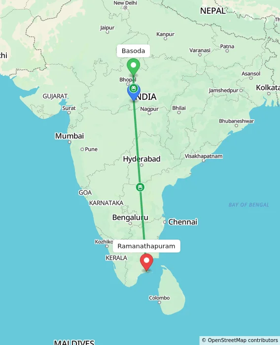 Route map showing distance and travel time from Basoda, India to Ramanathapuram, India