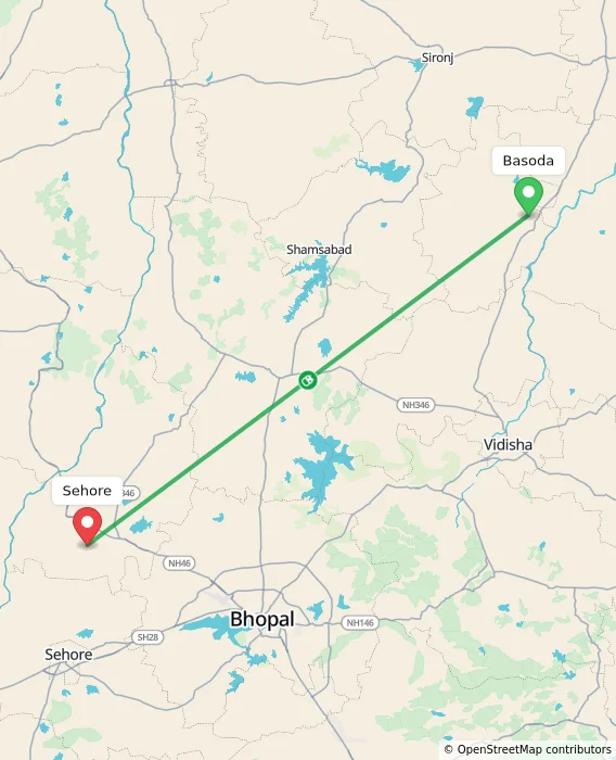 Route map showing distance and travel time from Basoda, India to Sehore, India