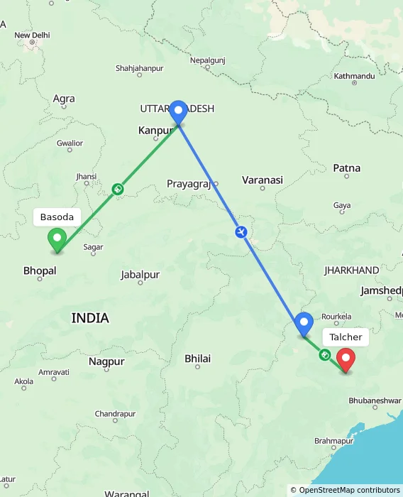 Route map showing distance and travel time from Basoda, India to Talcher, India