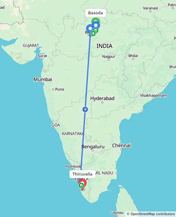 Route map showing distance and travel time from Basoda, India to Thiruvalla, India