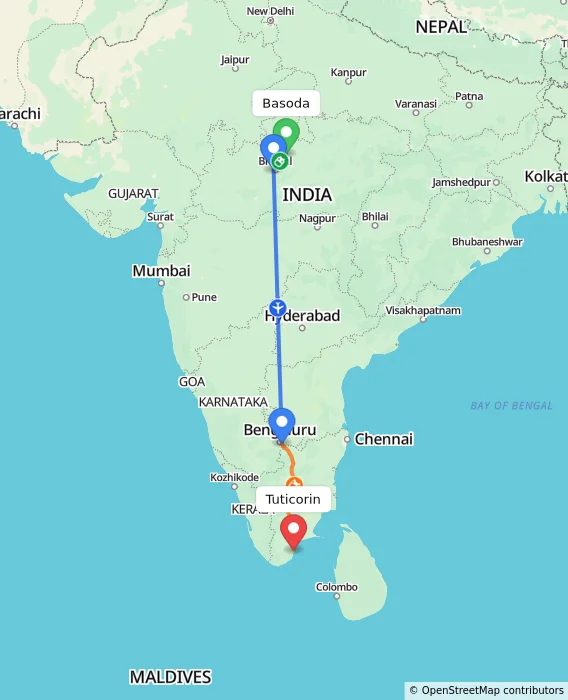 Route map showing distance and travel time from Basoda, India to Tuticorin, India
