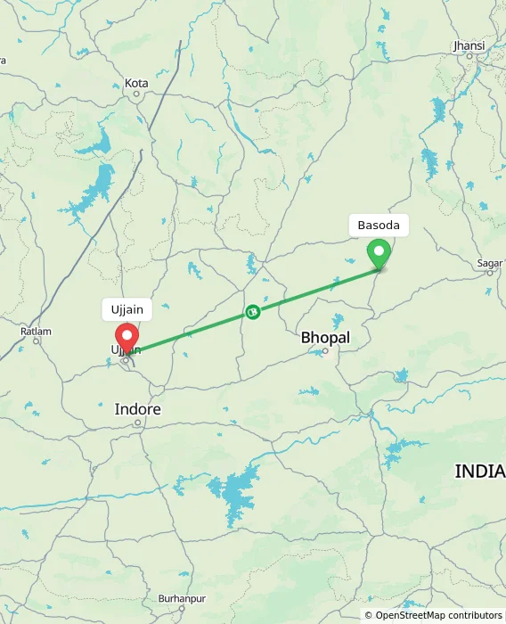 Route map showing distance and travel time from Basoda, India to Ujjain, India