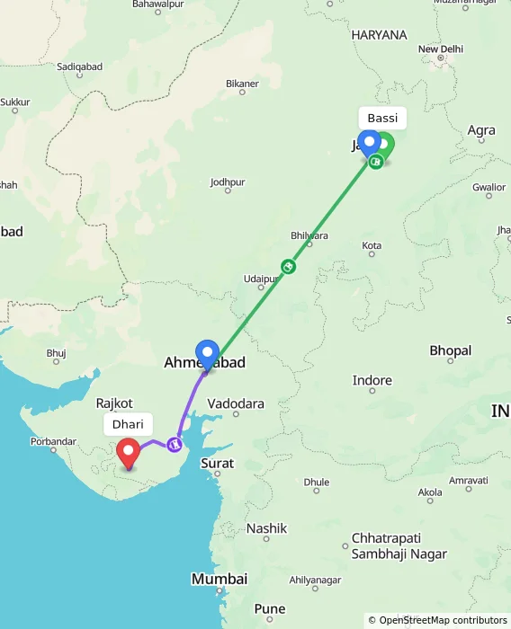Route map showing distance and travel time from Bassi, India to Dhari, India