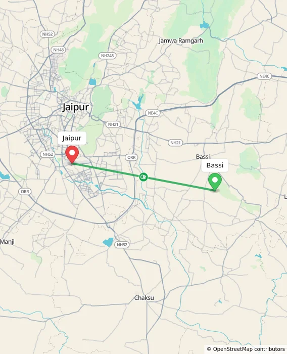 Route map showing distance and travel time from Bassi, India to Jaipur, India
