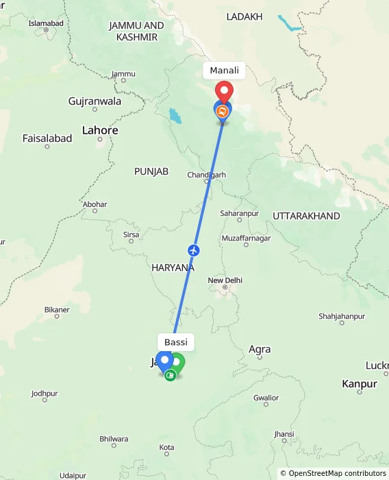 Route map showing distance and travel time from Bassi, India to Manali, India