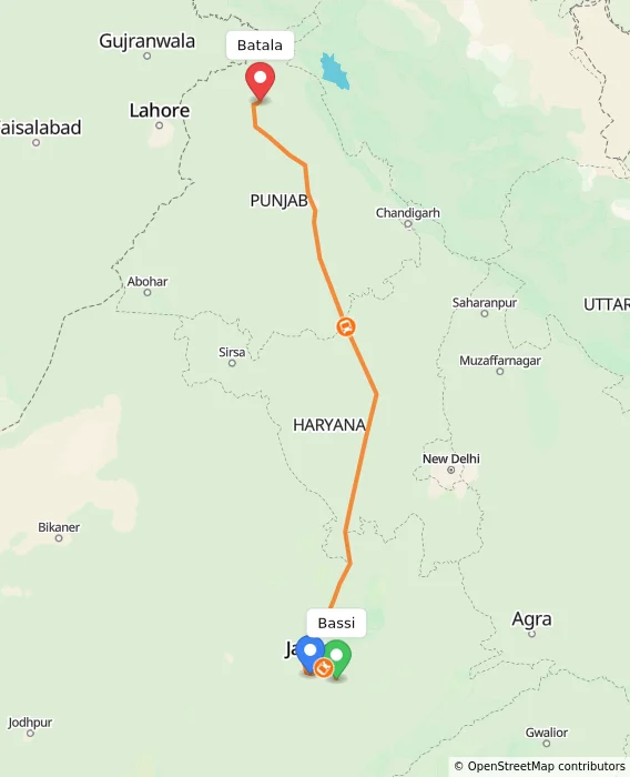 Route map showing distance and travel time from Bassi, India to Batala, India