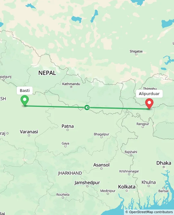 Route map showing distance and travel time from Basti, India to Alipurduar, India