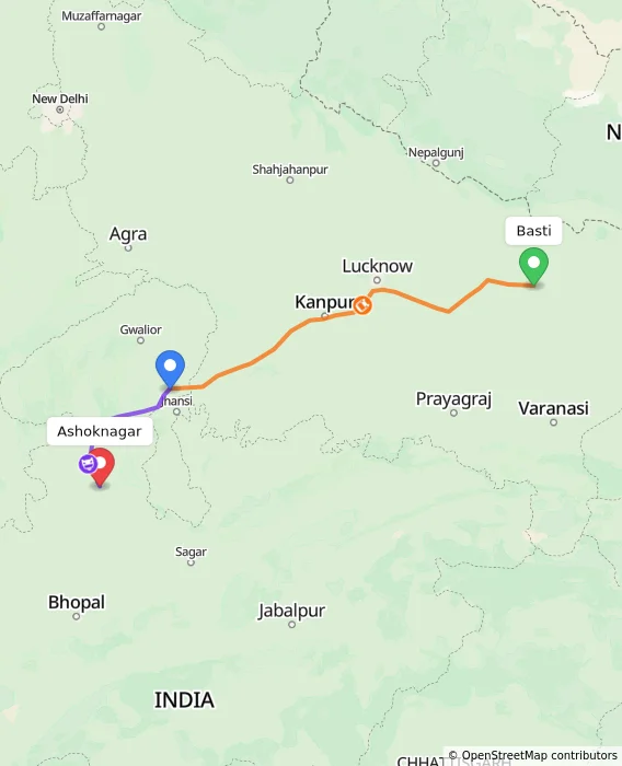 Route map showing distance and travel time from Basti, India to Ashoknagar, India