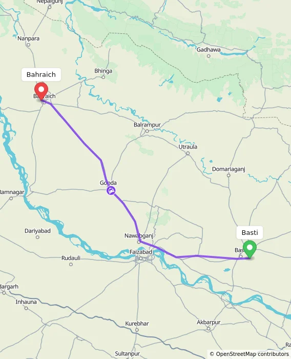 Route map showing distance and travel time from Basti, India to Bahraich, India
