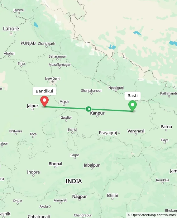 Route map showing distance and travel time from Basti, India to Bandikui, India