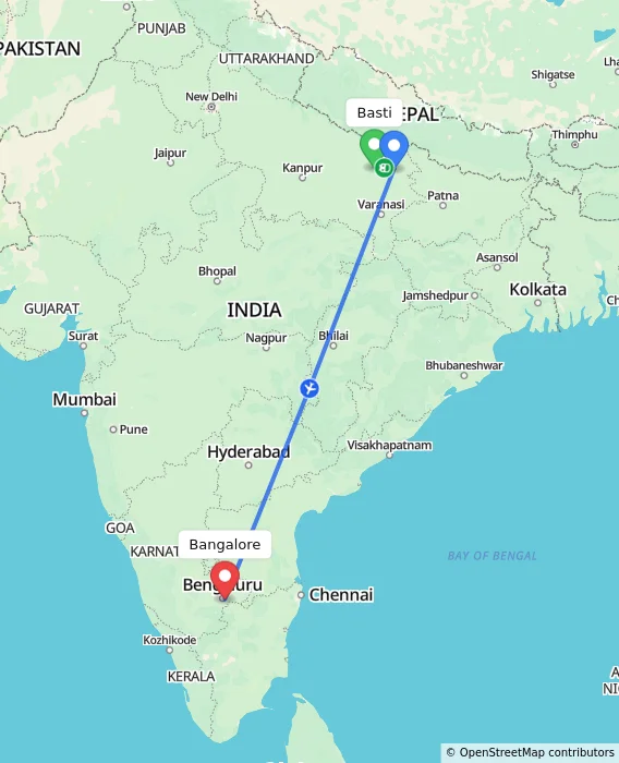 Route map showing distance and travel time from Basti, India to Bangalore, India