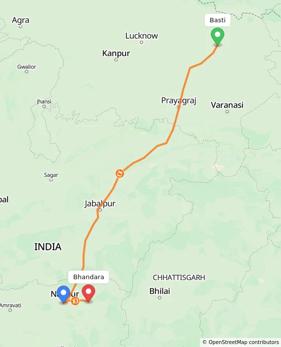 Route map showing distance and travel time from Basti, India to Bhandara, India